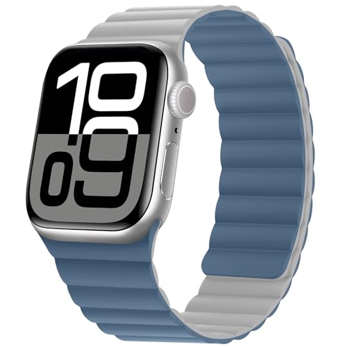 HITZEE Kompatibel mit Apple Watch Armband 49/46/45/44/42/41/40/38mm, Doppelseitig Reversibel Magnetisch Silikon Armband für iWatch Serie 10 9 8 7 SE 6-1 (42/41/40/38, Blau/Grau) von HITZEE