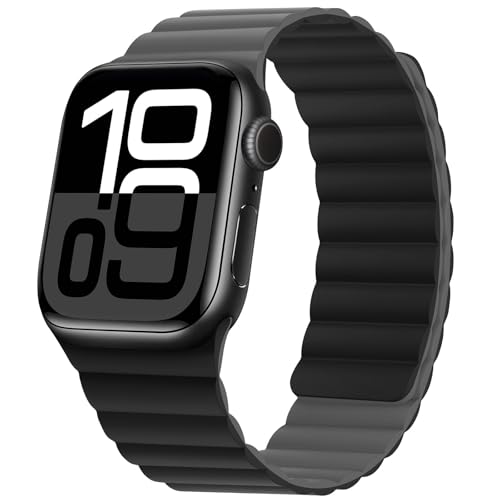 HITZEE Kompatibel mit Apple Watch Armband 49/46/45/44/42/41/40/38mm, Doppelseitig Reversibel Magnetisch Silikon Armband für iWatch Serie 10 9 8 7 SE 6-1 (42/41/40/38, Schwarz/Grau) von HITZEE