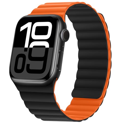 HITZEE Kompatibel mit Apple Watch Armband 49/46/45/44/42/41/40/38mm, Doppelseitig Reversibel Magnetisch Silikon Armband für iWatch Serie 10 9 8 7 SE 6-1 (42/41/40/38, Schwarz/Orange) von HITZEE