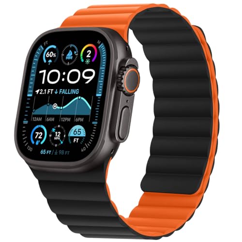 HITZEE Kompatibel mit Apple Watch Armband 49/46/45/44/42/41/40/38mm, Doppelseitig Reversibel Magnetisch Silikon Armband für iWatch Ultra 2 Serie 10 9 8 7 SE 6-1 (49/46/45/44/43, Schwarz/Orange) von HITZEE