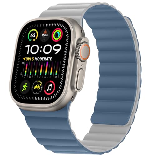 HITZEE Kompatibel mit Apple Watch Armband 49/46/45/44/42/41/40/38mm, Doppelseitig Reversibel Magnetisch Silikon Armband für iWatch Ultra 2 Serie 10 9 8 7 SE 6-1 (49/46/45/44/44, Blau/Grau) von HITZEE