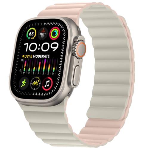 HITZEE Kompatibel mit Apple Watch Armband 49/46/45/44/42/41/40/38mm, Doppelseitig Reversibel Magnetisch Silikon Armband für iWatch Ultra 2 Serie 10 9 8 7 SE 6-1 (49/46/45/44/45, Rosa/Sternenlicht) von HITZEE