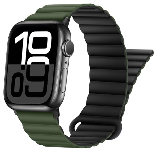 HITZEE Kompatibel mit Apple Watch Armband 49/46/45/44/42/41/40/38mm, Doppelseitig Silikon Magnetische Band Kompatibel für Apple Watch Ultra 2 Serie 10 9 8 7 SE 6 5 4 (38/40/41/42, Grün-Schwarz) von HITZEE