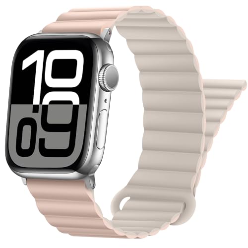 HITZEE Kompatibel mit Apple Watch Armband 49/46/45/44/42/41/40/38mm, Doppelseitig Silikon Magnetische Band Kompatibel für Apple Watch Ultra 2 Serie 10 9 8 7 SE 6 5 4 (38/40/41/42, Rosa-Sternenlicht) von HITZEE