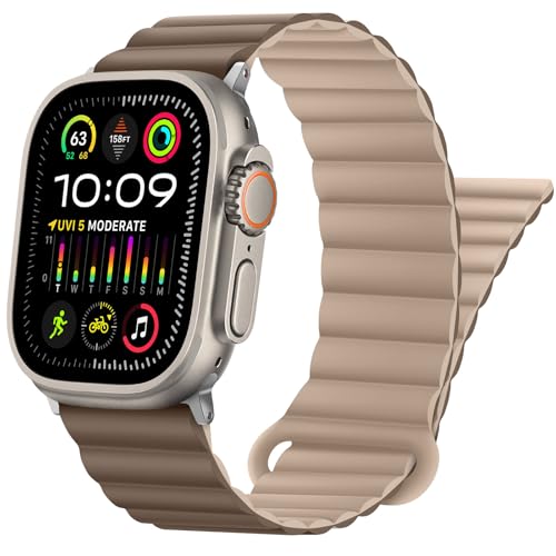 HITZEE Kompatibel mit Apple Watch Armband 49/46/45/44/42/41/40/38mm, Doppelseitig Silikon Magnetische Band Kompatibel für Apple Watch Ultra 2 Serie 10 9 8 7 SE 6 5 4 (42/44/45/46/49, Braun-Khaki) von HITZEE
