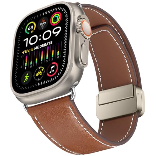 HITZEE Kompatibel mit Apple Watch Armband 49mm 45mm 44mm 42mm, Premium Echte Lederband mit Magnetisch Schließe Entworfen für Apple Watch Ultra 2 Ultra Serie 9 8 7 SE 6 5 4 3 2 1, Braun von HITZEE