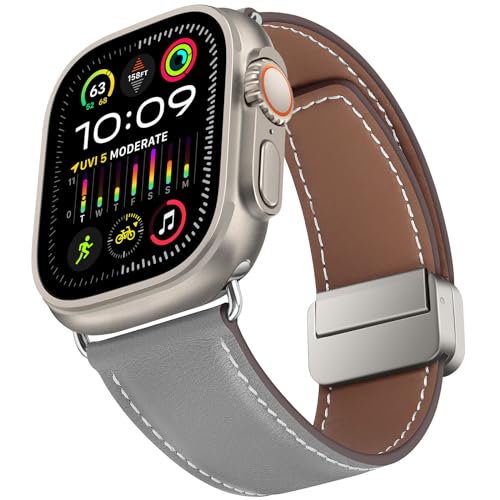 HITZEE Kompatibel mit Apple Watch Armband 49mm 45mm 44mm 42mm, Premium Echte Lederband mit Magnetisch Schließe Entworfen für Apple Watch Ultra 2 Ultra Serie 9 8 7 SE 6 5 4 3 2 1, Grau von HITZEE