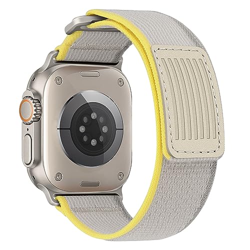 HITZEE Kompatibel mit Apple Watch Armband 49mm 45mm 44mm 42mm, Weiches Nylon Geflochten Velcro Loop Band Verstellbare Sportarmband für Apple Watch Ultra 2 Series 9 8 7 SE 6 5 4 3, Gelb/Grau, M/L von HITZEE