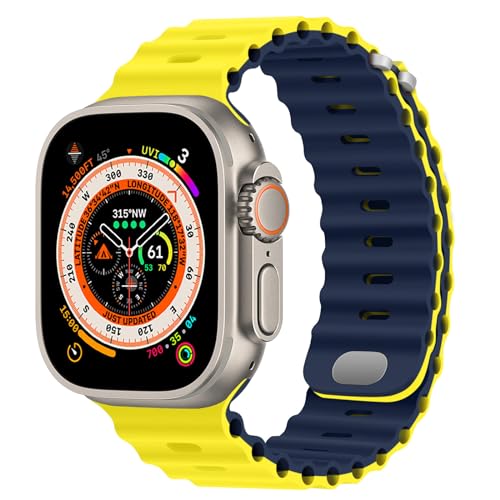 HITZEE Kompatibel mit Apple Watch Armband 49mm 45mm 44mm 42mm, Weiches Silikon Band mit Schnalle Kompatibel für Apple Watch Ultra 2 Ultra Serie 9 8 7 SE 6 5 4 3 2 1, Gelb Blau von HITZEE