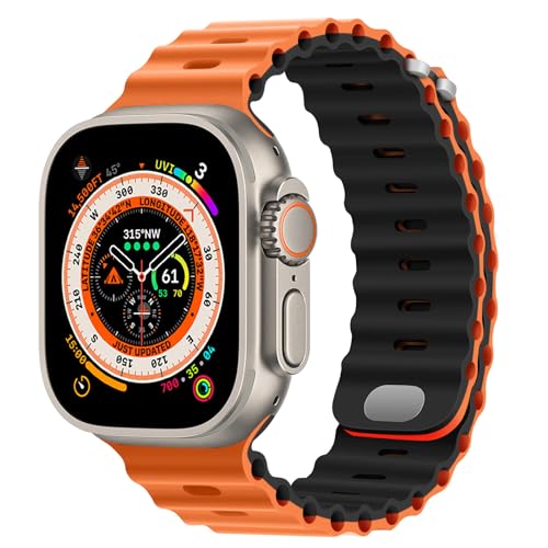 HITZEE Kompatibel mit Apple Watch Armband 49mm 45mm 44mm 42mm, Weiches Silikon Band mit Schnalle Kompatibel für Apple Watch Ultra 2 Ultra Serie 9 8 7 SE 6 5 4 3 2 1, Orange Schwarz von HITZEE