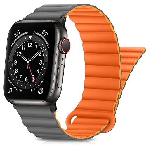 HITZEE Kompatibel mit Apple Watch Armband 49mm 45mm 44mm 42mm 41mm 40mm 38mm, Doppelseitig Silikon Magnetische Band Kompatibel für Apple Watch Ultra 2 Serie 9 8 7 SE 6 5 4 (41/40/38, Grau Orange) von HITZEE
