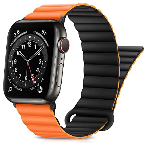 HITZEE Kompatibel mit Apple Watch Armband 49mm 45mm 44mm 42mm 41mm 40mm 38mm, Doppelseitig Silikon Magnetische Band Kompatibel für Apple Watch Ultra 2 Serie 9 8 7 SE 6 5 4 (41/40/38, Orange Schwarz) von HITZEE