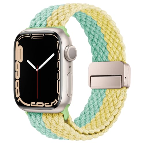 HITZEE Kompatibel mit Apple Watch Armband 49mm 45mm 44mm 42mm 41mm 40mm 38mm, Geflochten Band mit Magnetisch Schließe Entworfen für Apple Watch Ultra 2 Serie 9 8 7 SE 6 5 4 (44/45/49, Grün Gelb) von HITZEE