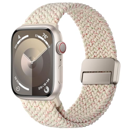 HITZEE Kompatibel mit Apple Watch Armband 49/46/45/44/42/41/40/38mm, Geflochten Band mit Magnetisch Schließe Entworfen für Apple Watch Ultra 2 Serie 10 9 8 7 SE 6 5 4 (42/44/45/46/49, Sternenlicht) von HITZEE