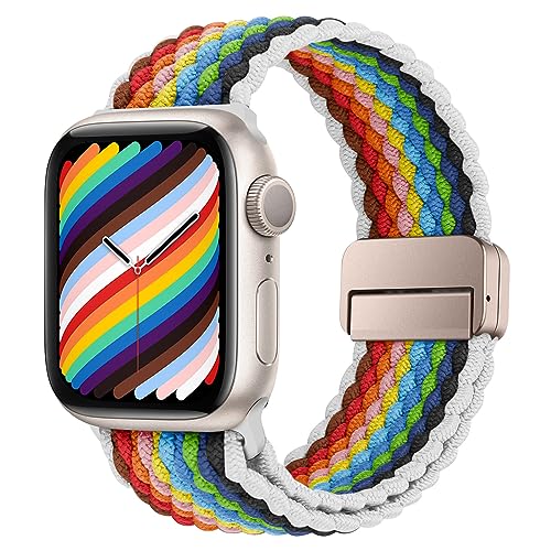 HITZEE Kompatibel mit Apple Watch Armband 49mm 45mm 44mm 42mm 41mm 40mm 38mm, Geflochten Band mit Magnetisch Schließe Entworfen für Apple Watch Ultra 2 Serie 9 8 7 SE 6 5 4 (44/45/49, W- Regenbogen) von HITZEE