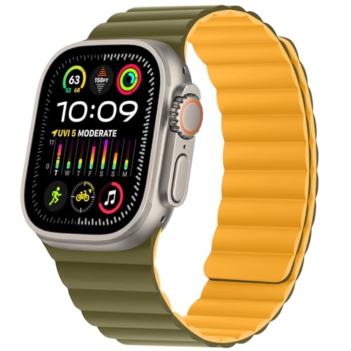 HITZEE Kompatibel mit Apple Watch Armband 49/46/45/44/42/41/40/38mm, Weiches Silikon Magnetische Armbänder Kompatibel für iWatch Ultra 2 Serie 10 9 8 7 SE 6 5 4 (42/44/45/46/49, Grün/Gelb) von HITZEE