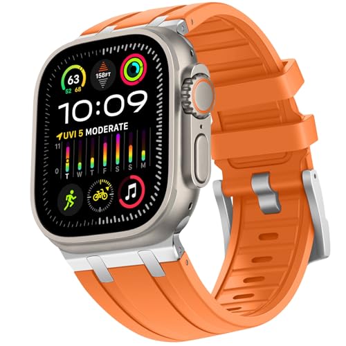 HITZEE Kompatibel mit Apple Watch Ultra Armband 49mm 45mm 44mm 42mm, Flüssigsilikonband mit Edelstahladapter Armbänder Entworfen für Apple Watch Ultra 2 Ultra Serie 9 8 7 SE 6 5 4 3 2 1, Orange von HITZEE