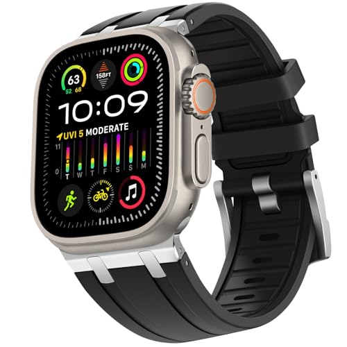 HITZEE Kompatibel mit Apple Watch Ultra Armband 49mm 45mm 44mm 42mm, Flüssigsilikonband mit Edelstahladapter Armbänder Entworfen für Apple Watch Ultra 2 Ultra Serie 9 8 7 SE 6 5 4 3 2 1, Schwarz von HITZEE