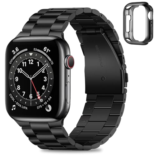 HITZEE Kompatibel with Apple Watch Armband 41mm 40mm 38mm, Edelstahl Metall Ersatzband Armbänder Band with Hülle Kompatibel für iWatch SE Series 9 8 7 6 5 4 3 2 1, 38/40/41mm Schwarz von HITZEE