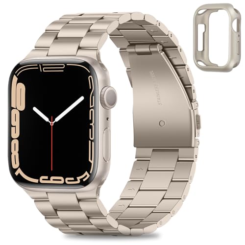 HITZEE Kompatibel with Apple Watch Armband 41mm 40mm 38mm, Edelstahl Metall Ersatzband Armbänder Band with Hülle Kompatibel für iWatch SE Series 9 8 7 6 5 4 3 2 1, 38/40/41mm Sternenlicht von HITZEE