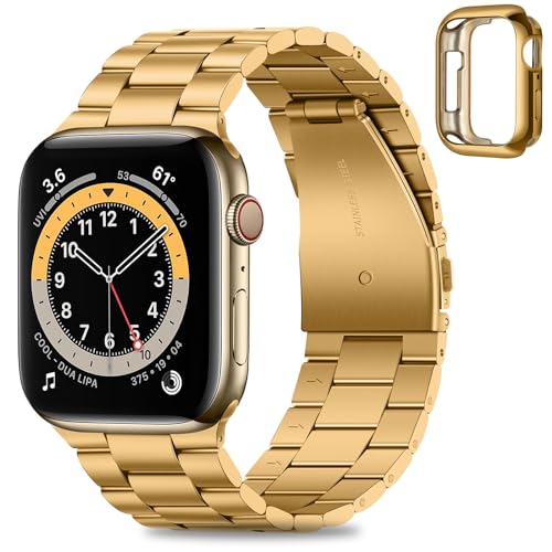 HITZEE Kompatibel with Apple Watch Armband 45mm 44mm 42mm, Edelstahl Metall Ersatzband Armbänder Band with Hülle Kompatibel für iWatch SE Series 9 8 7 6 5 4 3 2 1, 42/44/45mm Gold von HITZEE