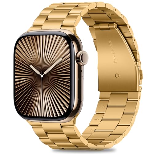HITZEE Kompatibel with Apple Watch Armband 46mm 45mm 44mm 42mm, Edelstahl Metall Ersatzband Armbänder Band with Hülle Kompatibel für iWatch SE Series 10 9 8 7 6 5 4 3 2 1, 42/44/45/46mm Gold von HITZEE