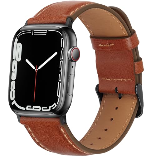 HITZEE Lederarmband Kompatibel mit Apple Watch Armband 41mm 40mm 38mm SE2 SE Series 9 8 7 6 5 4 3 2 1 Armband, Echte Leder Ersatzarmband Band für Herren Damen, Rot Braun von HITZEE