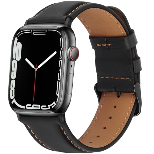 HITZEE Lederarmband Kompatibel mit Apple Watch Armband 41mm 40mm 38mm SE2 SE Series 9 8 7 6 5 4 3 2 1 Armband, Echte Leder Ersatzarmband Band für Herren Damen, Schwarz von HITZEE