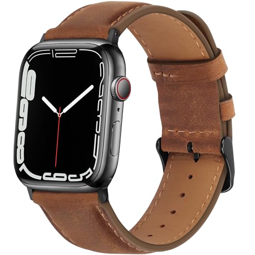 HITZEE Lederarmband Kompatibel mit Apple Watch Armband 49mm 45mm 44mm 42mm Ultra 2 Ultra SE2 SE Series 9 8 7 6 5 4 3 2 1 Armband, Echte Leder Ersatzarmband Band für Herren Damen, Braun von HITZEE