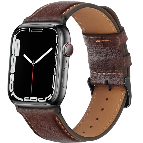 HITZEE Lederarmband Kompatibel mit Apple Watch Armband 49mm 45mm 44mm 42mm Ultra 2 Ultra SE2 SE Series 9 8 7 6 5 4 3 2 1 Armband, Echte Leder Ersatzarmband Band für Herren Damen, Retro Braun von HITZEE