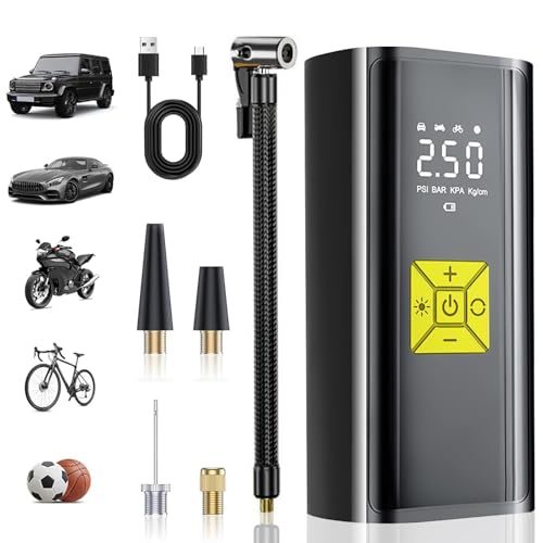 150 PSI Elektrische Luftpumpe,4000mAh Mini Akku Kompressor mit 5 Modi Tragbare Fahrradpumpe,Fahrrad Tragbarer Kompressor mit LED-Licht geeignet für Fahrräder, Motorräder, Auto & Bälle von HIWARE