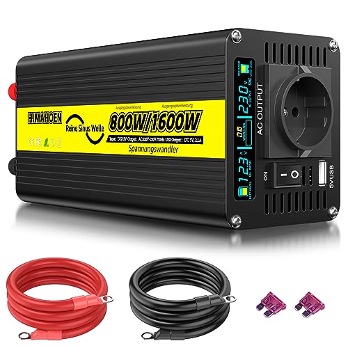 Wechselrichter 12V auf 230V Reine Sinuswelle Spannungswandler, für Zuhause, Wohnmobil, LKW,mit eingebautem 5V/2.1A USB-Anschluss (800w) von HJMAHOEN