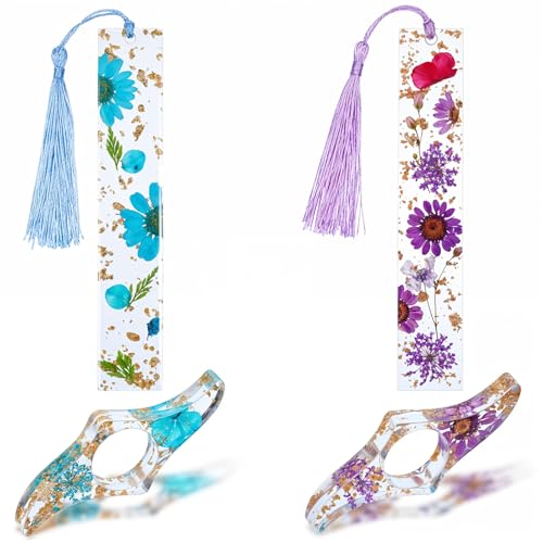 HJZHII 4 Stück Lesezeichen aus getrockneten Blumenharz, Buchseitenhalter aus Harz, Transparenter Blumenmuster, Daumenbuchseitenhalter für Schüler, Lehrer, literarische Geschenke von HJZHII