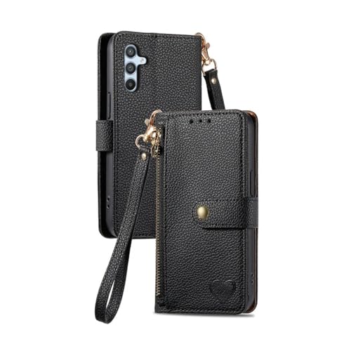 HJZSZX Für Samsung A04E Lanyard Leder Reißverschluss Brieftasche Handyhülle Flip Cover (Für Samsung A04E/schwarz) von HJZSZX
