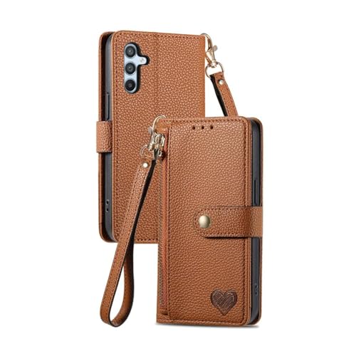 HJZSZX Für Samsung A25 Lanyard Leder Reißverschluss Brieftasche Handyhülle Flip Cover (Für Samsung A25/Dunkelbraun) von HJZSZX