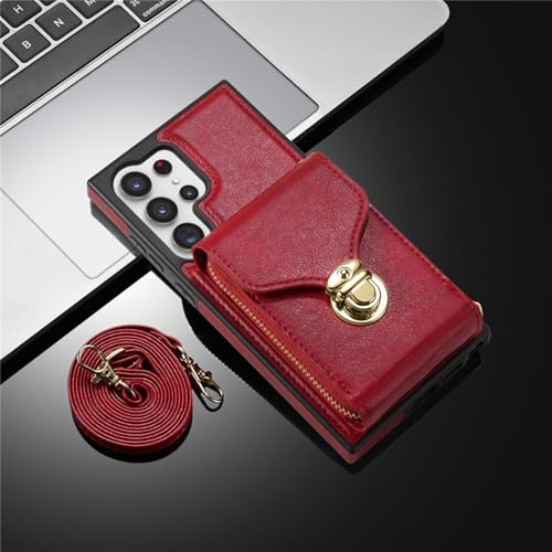 HJZSZX Für Samsung A51 (4G) Leder Lanyard Reißverschluss Brieftasche Handyhülle (Für Samsung A51 (4G)/Rot) von HJZSZX