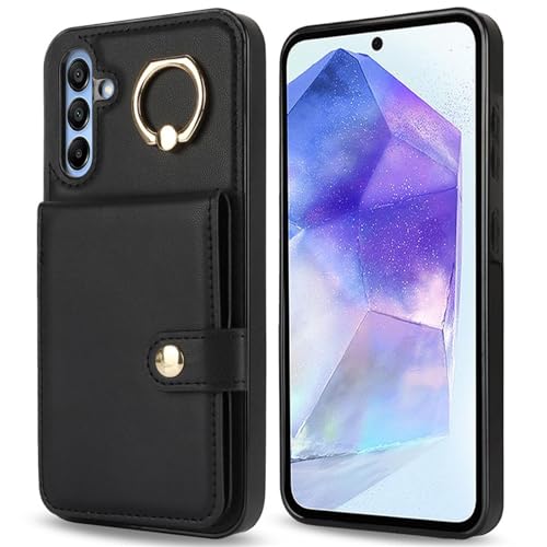 HJZSZX Für Samsung A55 (5G) Ring Leder Brieftasche Karte Handyhülle (Für Samsung A55 (5G)/schwarz) von HJZSZX