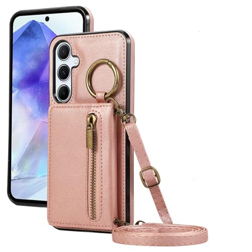 HJZSZX Für Samsung A71 (4G) Lanyard Ring Leder Reißverschluss Brieftasche Karte Handyhülle (Für Samsung A71 (4G)/Roségold) von HJZSZX