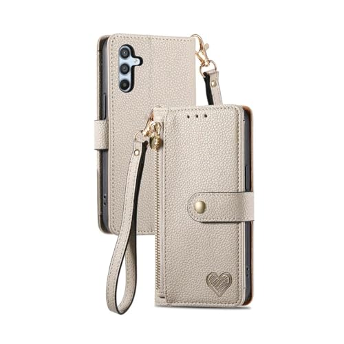 HJZSZX Für Samsung A72 (4G 5G) Lanyard Leder Reißverschluss Brieftasche Handyhülle Flip Cover (Für Samsung A72 (4G 5G)/GRAU) von HJZSZX