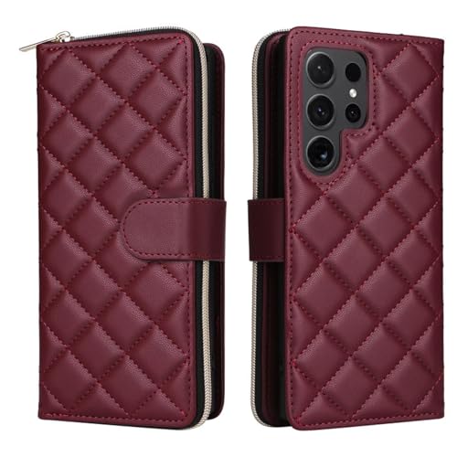 HJZSZX Für Samsung S21 FE Lanyard Leder Reißverschluss Brieftasche Karte Handyhülle Crossbody Flip Cover (Für Samsung S21 FE/Rot) von HJZSZX