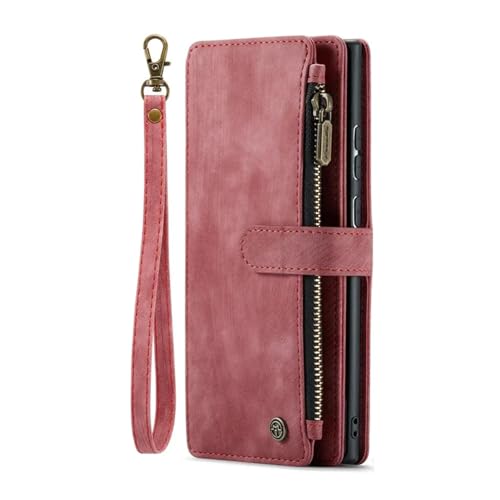 HJZSZX Für Samsung S22 Ultra Leder Brieftasche Kartenhülle Reißverschluss Flip Stand Cover (Für Samsung S22 Ultra/Rot) von HJZSZX