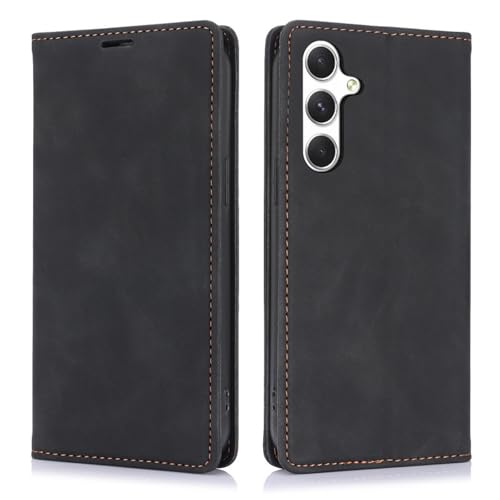 HJZSZX Für Samsung S24 FE Magnetische Leder-Geldbörse mit Kartensteckplatz Handyhülle Flip Cover (Für Samsung S24 FE/Schwarz) von HJZSZX