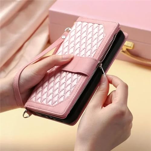 HJZSZX Für Samsung S25 Plus Crossbody Leder Reißverschluss Brieftasche Karte Handyhülle Lanyard Flip Cover (Für Samsung S25 Plus/Pink) von HJZSZX