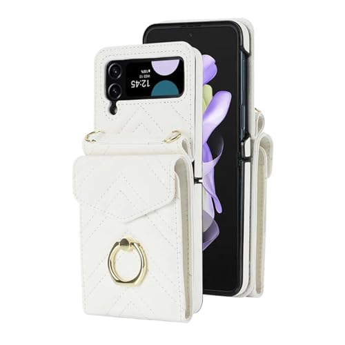 HJZSZX Für Samsung Z Flip 5 Lanyard Leder Brieftasche Karte Telefon Fall Crossbody Ring Halter Abdeckung Tasche (Für Samsung Z Flip 5/Weiss) von HJZSZX