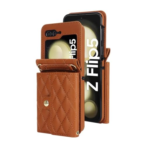 HJZSZX Für Samsung Z Flip 5 Lanyard Leder-Telefonhülle Stoßfeste Abdeckung (Für Samsung Z Flip 5/Braun) von HJZSZX
