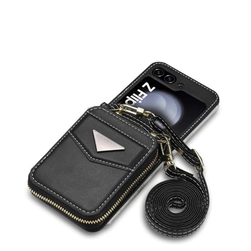 HJZSZX Für Samsung Z Flip 6, langes Lanyard, Leder, Reißverschluss, Brieftasche, Kartenhalter, Handyhülle, Umhängetasche (für Samsung Z Flip 6/schwarz) von HJZSZX