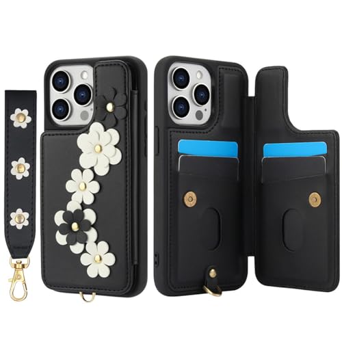 HJZSZX Für iPhone 12 Pro Max Langes Lanyard Leder Brieftasche Karten-Telefonhülle Handschlaufe Flip Cover (Für iPhone 12 Pro Max/schwarz) von HJZSZX