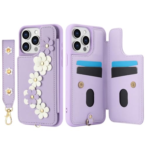 HJZSZX Für iPhone 13 Pro Max Langes Lanyard Leder Brieftasche Karten-Telefonhülle Handschlaufe Flip Cover (Für iPhone 13 Pro Max/LILA) von HJZSZX