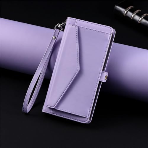 HJZSZX Für iPhone 13 Pro Max Langes Lanyard Leder Brieftasche Karten-Telefonhülle Handseil-Flip-Cover (Für iPhone 13 Pro Max/LILA) von HJZSZX