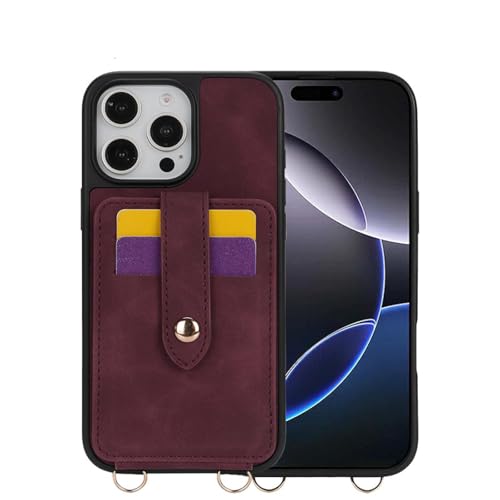 HJZSZX Für iPhone 13 Pro Max Mirror Crossbody Leder Wallet Kartensteckplatz Handyhülle Lanyard Flip Stand Cover (Für iPhone 13 Pro Max/Rot) von HJZSZX